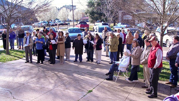 A large crowd gathered outside the Marengo County Courthouse on Tuesday morning to pray during the Praying Across Alabama program.