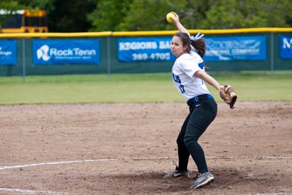 Danielle Tatum pitched in Demopolis' first game of the day against Greenville. Demopolis won 15-0 in three innings.