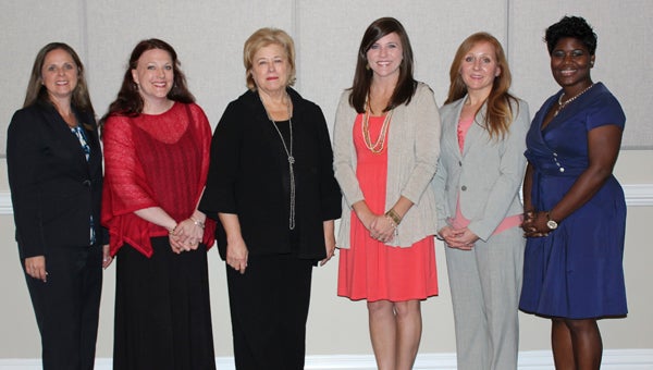 The University of West Alabama’s Julia S. Tutwiler College of Education recently honored regional educators with awards recognizing their achievement in five fields of education. Pictured left to right are College of Education Dean Kathryn Chandler; Dr. Poppy Moon (counseling); Brett Morris Evans (secondary education); Amanda Meadows (elementary education); Marlee Neel (library media); and Tiffany Davis (instructional leadership).