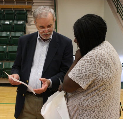Dr. Dennis Mitchell, associate dean of Arts and Sciences at MSU-Meridian talks to a prospective student about the new Bachelor of Applied Technology in Healthcare Services.