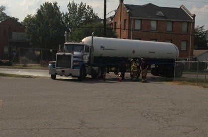 An empty tanker truck's trailer brakes locked up on Cedar Avenue Wednesday afternoon after an air line broke. The mechanical failure caused a small fire.
