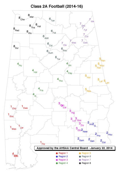 Map of Class 2A in football (AHSAA)