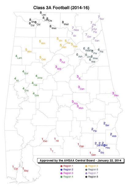 Map of Class 3A in football (AHSAA)