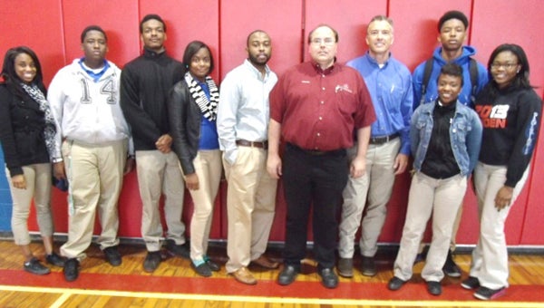 Several Linden students attended a recruitment assembly with Mercedes-Benz United States International recently. Shown from left to right are Shovonte Sanders; Jacori Gray; Julian Harper; Tori Dodson; T.J. Smith, Interim Director of Recruiting at Shelton State; Mercedes-Benz HR Specialist Joaquim “Jackie” Santos; Mercedes-Benz HR Specialist Steve Colburn; Jeffery Stacy; Bru’Nesha McIntosh; and Shana McCorvey.