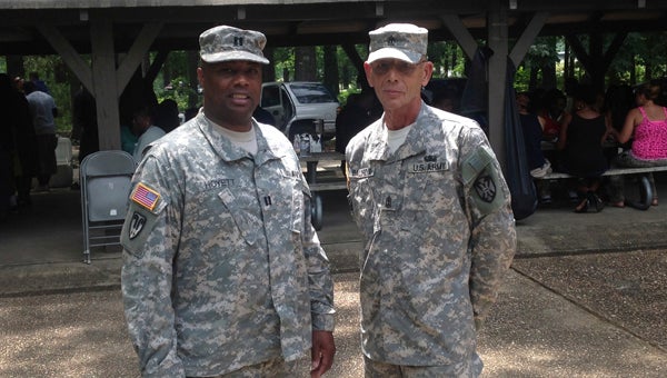 The U.S. Army National Guard 2101st Transportation Company, stationed in Demopolis, held a Friends and Family Day last weekend. Shown are Company Commander Capt. Reginald Hoyett and 1st Sgt. Larry Baldridge.