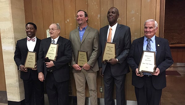 The Marengo County Sports Hall of Fame inducted its Class of 2015 Monday night during a ceremony held at the Demopolis Civic Center. Inductees included, from left to right, Rodney Rowser, Roger Etheridge, Sr., Roger Etheridge, Jr., Larry Rogers and James Gunter. (Times Staff/Matt Cole)