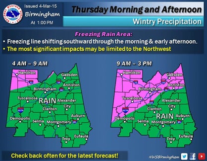 As of 1 p.m. Wednesday, the National Weather Service in Birmingham does not expect freezing rain to reach Marengo County.