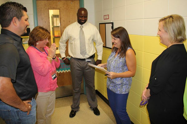 Westside Elementary teacher Teri Speegle expresses her pleasure when the Demopolis City Schools Foundation’s “Prize Patrol” visited her classroom Monday to award her a $5,775 grant. Speegle filed a grant application to help implement a schoolwide STEM (Science, Technology, Engineering and Mathematics) education program at WES.