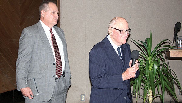 Tom Culpepper III, right, was the recipient of the Demopolis Area Chamber of Commerce’s annual Lifetime Achievement Award during the organization’s banquet held Thursday night at the Demopolis Civic Center. He was presented the award by his son, Tom Culpepper IV, left.