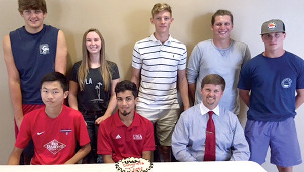 A special reception was held to celebrate the scholarship signing for Demopolis High School graduate Tony Velez. Velez has signed a soccer scholarship with the University of West Alabama. Pictured are, from left, (front) Zachary Chu, Velez, Demopolis Superintendent Kyle Kallhoff; (back) Eli Spence, Julia Singleton, Adam Brooker, Nick Helms, and Matthew Beckum.