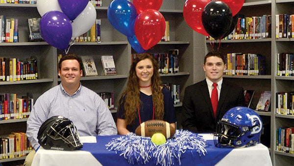 Demopolis High School held a special signing day event for students signing letters of intent to play at the collegiate level. From left: William Douglas signed to play football as well as participate in track and field at Millsaps College, Abbey Latham will play softball at Ole Miss and Logan McVay will play at Jacksonville State.