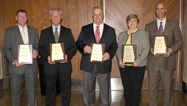 Members of the 2017 class inducted into the Marengo County Sports Hall of Fame during a ceremony Monday evening are, from left, Tony Speegle, Keith Luker, Mitchel Hale, Sandra Atkins, and Jason Smith.